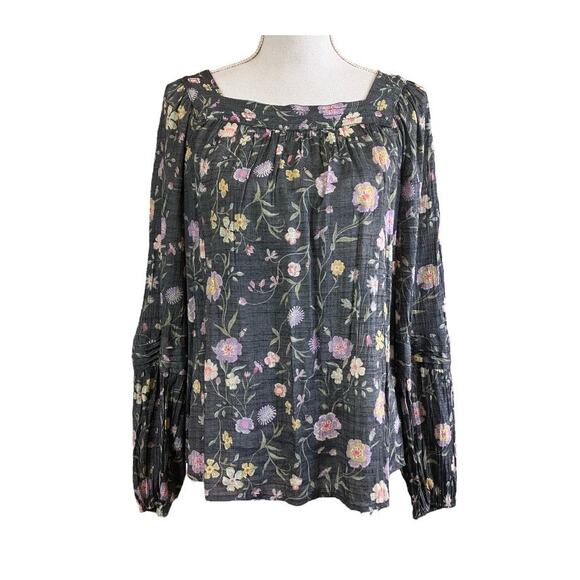Lauren Conrad Gray White Yellow Floral Prairie Long Sleeve Top Medium - Picture 1 of 5
